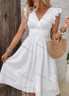 Wholesale Women's Elegant Plain Wrap V Neck Shirred Ruffle Trim Hollow Out Dress - Liuhuamall