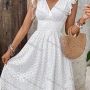 Wholesale Women's Elegant Plain Wrap V Neck Shirred Ruffle Trim Hollow Out Dress preview