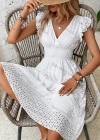 Wholesale Women's Elegant Plain Wrap V Neck Shirred Ruffle Trim Hollow Out Dress - Liuhuamall
