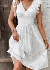 Wholesale Women's Elegant Plain Wrap V Neck Shirred Ruffle Trim Hollow Out Dress - Liuhuamall
