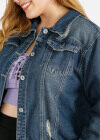 Wholesale Women's Plus Size Collared Button Front Crop Distressed Basics Denim Jacket 0864# - Liuhuamall