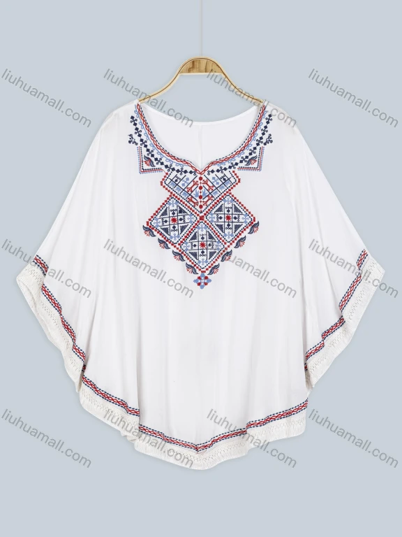 Wholesale Women's Boho Notched Neck Embroidery Folk Art Floral Poncho 8602#