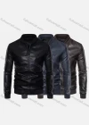 Wholesale Men's Fashion Splicing Striped Stand Collar Zipper Leather Jacket - Liuhuamall