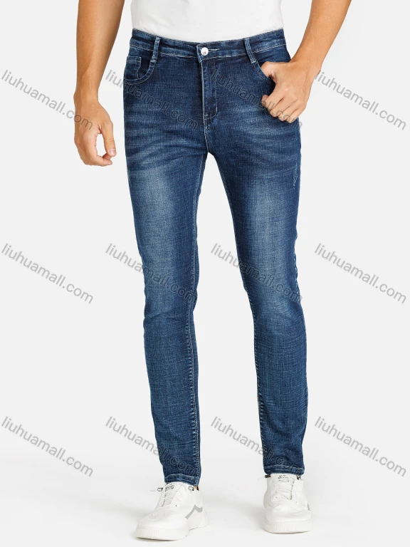 Wholesale Men's Casual Plain Distressed Pockets Slim Fit Stretch Jean