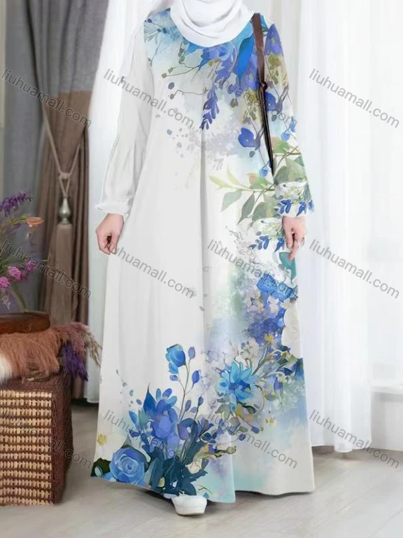 Wholesale 2026 Spring Summer Autumn Women Floral Print V-Neck Flared Loose Casual Long Dress