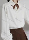 Wholesale Women's Casual Collared Long Sleeve Chain Decor Ruched Button Down Plain Shirts 167258# - Liuhuamall