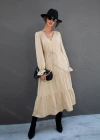 Wholesale Women's Fashion V Neck Poet Sleeve Layered Plain Casual Midi Dress X2448X# - Liuhuamall