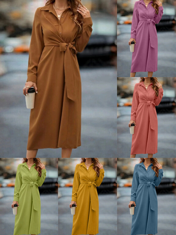 Women's Casual Plain Peplum Collared Long Sleeve Button Front Lace Up Shirt Dress, Clothing Wholesale Market -LIUHUA, 