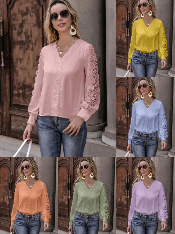 Women's Casual Plain V Neck Long Sleeve Guipure Lace Appliques Blouse, Clothing Wholesale Market -LIUHUA, WOMEN, Tops