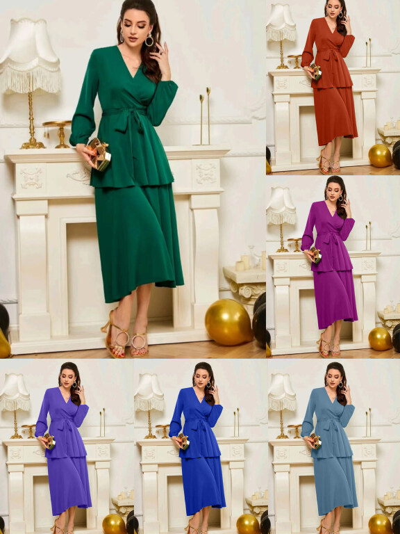 Women's Casual Plain V Neck Wrap Lace Up Peplum Layered Midi Dress, Clothing Wholesale Market -LIUHUA, WOMEN, Dresses