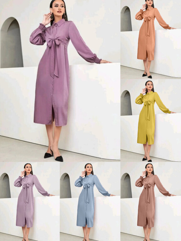 Women's Casual Plain Peplum Collared Shirred Button Down Lace Up Shirt Dress, Clothing Wholesale Market -LIUHUA, 