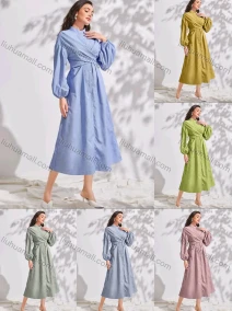 Wholesale Women's Casual Stand Collar Plain Long Sleeve Wrap Ruched Peplum Midi Dress, LIUHUA CLOTHING WHOLESALE