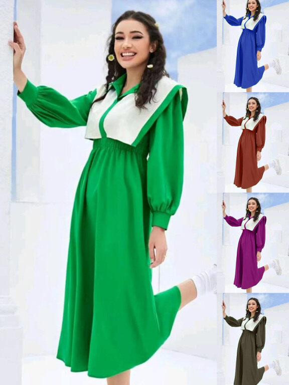 Women's Casual Colorblock Sailor Collar Long Sleeve Peplum Midi Dress, Clothing Wholesale Market -LIUHUA, WOMEN, Dresses