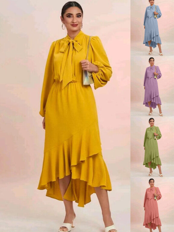 Women's Casual Tie Neck Long Sleeve Peplum Plain Ruffle Hem Dress, Clothing Wholesale Market -LIUHUA, WOMEN, Dresses