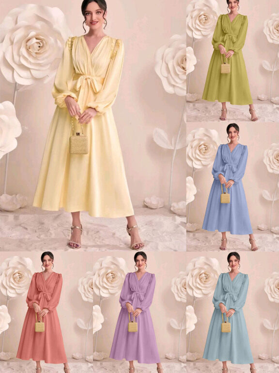 Women's Casual V Neck Long Sleeve Tie Front Peplum Plain Wrap Dress, Clothing Wholesale Market -LIUHUA, WOMEN, Dresses