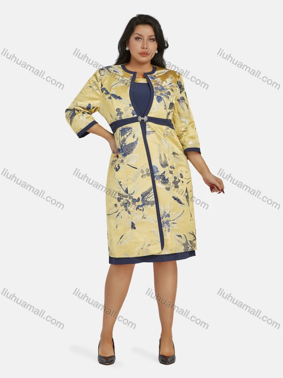 Wholesale Women's Elegant 3/4 Sleeve High Waist Allover Print Cardigan & Tank Dress 2-piece Set
