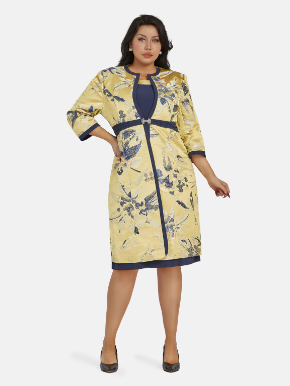Women's Elegant 3/4 Sleeve High Waist Allover Print Cardigan & Tank Dress 2-piece Set, Clothing Wholesale Market -LIUHUA, WOMEN, Sets