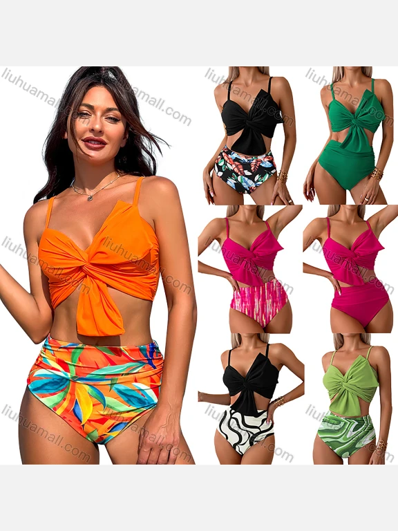 Wholesale Women's Vacation Colorful Leaf Print Twist Ruched Adjustable Spaghetti Strap Bikini Swimsuit