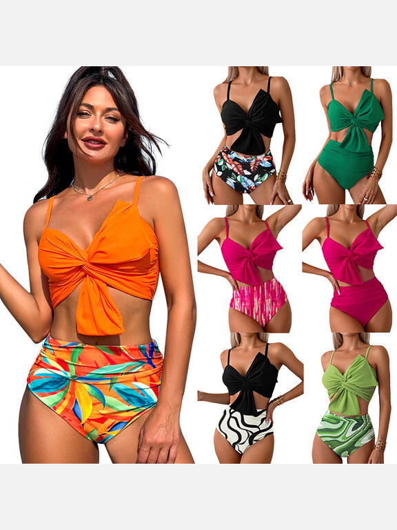 Women's Vacation Colorful Leaf Print Twist Ruched Adjustable Spaghetti Strap Bikini Swimsuit, Clothing Wholesale Market -LIUHUA, Women, Swimsuit-Bikini, Beach-Shorts