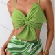 Wholesale Women's Vacation Colorful Leaf Print Twist Ruched Adjustable Spaghetti Strap Bikini Swimsuit Green Clothing Wholesale Market Liuhua