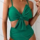 Wholesale Women's Vacation Colorful Leaf Print Twist Ruched Adjustable Spaghetti Strap Bikini Swimsuit Forest Green Clothing Wholesale Market Liuhua