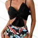 Wholesale Women's Vacation Colorful Leaf Print Twist Ruched Adjustable Spaghetti Strap Bikini Swimsuit Black 1# Clothing Wholesale Market Liuhua