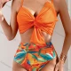 Wholesale Women's Vacation Colorful Leaf Print Twist Ruched Adjustable Spaghetti Strap Bikini Swimsuit Orange Clothing Wholesale Market Liuhua