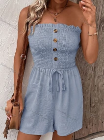 Wholesale Women's Fashion Plain Strapless Shirred Ruffle Trim Button Front Drawstring Romper, LIUHUA CLOTHING WHOLESALE