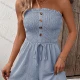 Wholesale Women's Fashion Plain Strapless Shirred Ruffle Trim Button Front Drawstring Romper Blue Clothing Wholesale Market Liuhua