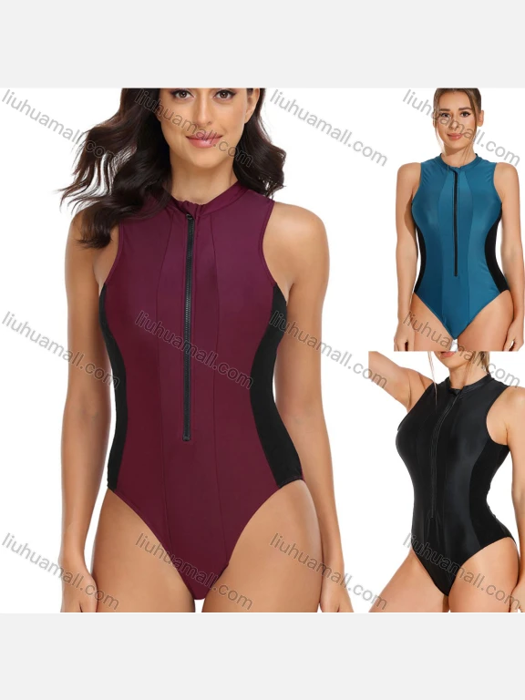 Wholesale Women's Sporty Colorblock Zip Front Sleeveless Surfing One Piece Swimsuit