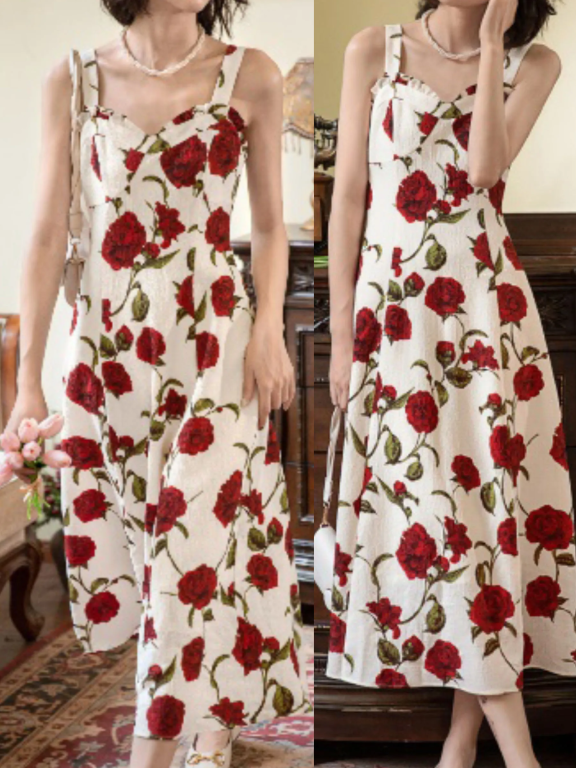 Women's Casual Elegant Spaghetti Straps Rose Print Midi Cami Dress, Clothing Wholesale Market -LIUHUA, 