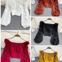 Wholesale Women's Causal Off Shoulder Bishop Sleeve Ruffle Trim Plain Blouse preview