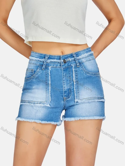 Wholesale Women's Casual Multiple Pockets Frayed Raw Hem Wash Denim Shorts