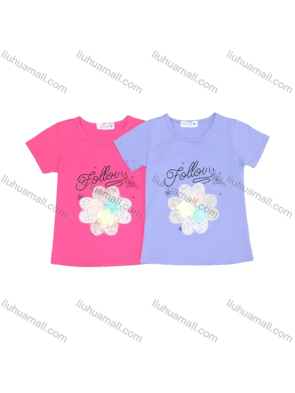 Wholesale Girls Casual Round Neck Sequins 3D Floral Applique Letter Print Short Sleeve Tee