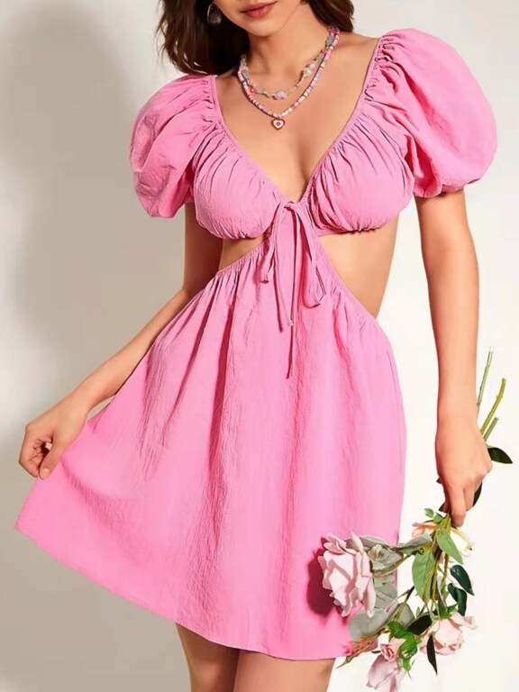 Women's Sexy V Neck Puff Sleeve Lace Up Cutout Waist Plain Nightclub Short Dress AY179#, LIUHUA Clothing Online Wholesale Market, All Categories