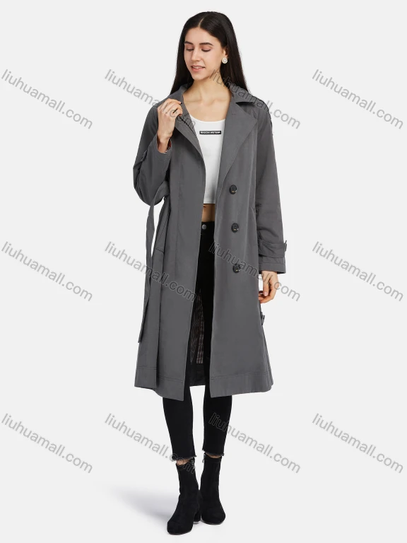 Wholesale Women's Lapel Buttons Belted Pockets Plain Mid Length Trench Coat