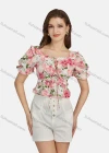 Wholesale Women's Casual Sweetheart Tie Front Poet Sleeve Floral Crop Top 28496# - Liuhuamall