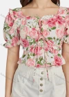 Wholesale Women's Casual Sweetheart Tie Front Poet Sleeve Floral Crop Top 28496# - Liuhuamall