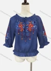 Wholesale Women's Casual Ruffle Trim 3/4 Sleeve Embroidered Denim Blouse - Liuhuamall