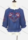 Wholesale Women's Casual 3/4 Sleeve Ruffle Neck Embroidered Denim Blouse - Liuhuamall