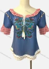 Wholesale Women's Casual Bateau Neck Embroidered Tassel Decro Gingham Splicing Denim Blouse - Liuhuamall