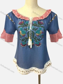 Wholesale Women's Casual Bateau Neck Embroidered Tassel Decro Gingham Splicing Denim Blouse, LIUHUA CLOTHING WHOLESALE