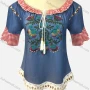 Wholesale Women's Casual Bateau Neck Embroidered Tassel Decro Gingham Splicing Denim Blouse preview