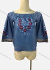 Wholesale Women's Casual Bateau Neck Embroidered Fringe Trim Denim Top - Liuhuamall