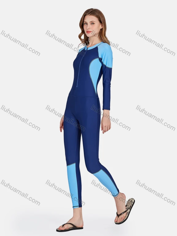 Wholesale Women's Zip Front Long Sleeve Round Neck Splicing Colorblock One Piece Swimsuit 507#