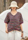 Wholesale Women's Casual Comfort V Neck Top Half Sleeve Colorblock Striped Blouse With Drawstring - Liuhuamall