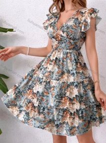 Wholesale Women's Sexy V Neck Flounce Sleeve Cutout Back Floral Tiered Hem Dress, LIUHUA CLOTHING WHOLESALE