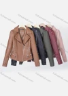 Wholesale Women's Casual Lapel Long Sleeve Zipper Plain Leather Crop Biker Jacket - Liuhuamall