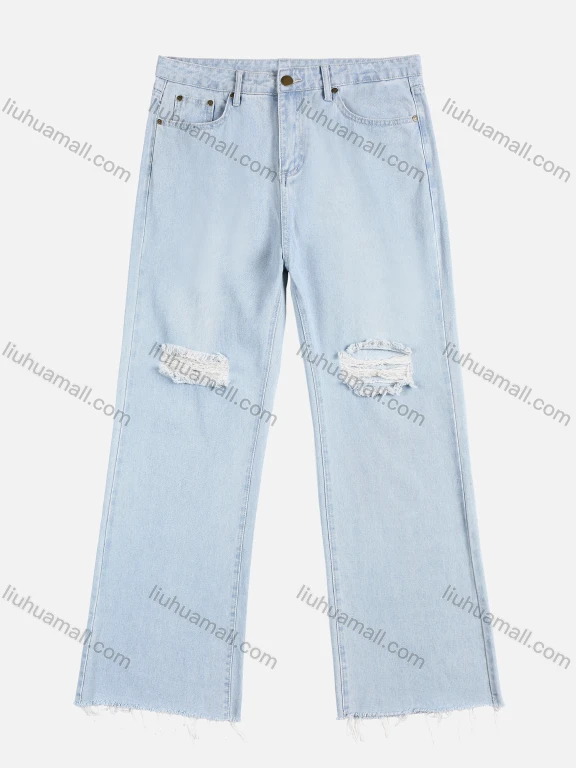 Wholesale Women's Distressed Ripped Denim Button Wide Leg Duel Pocket Denim Jeans