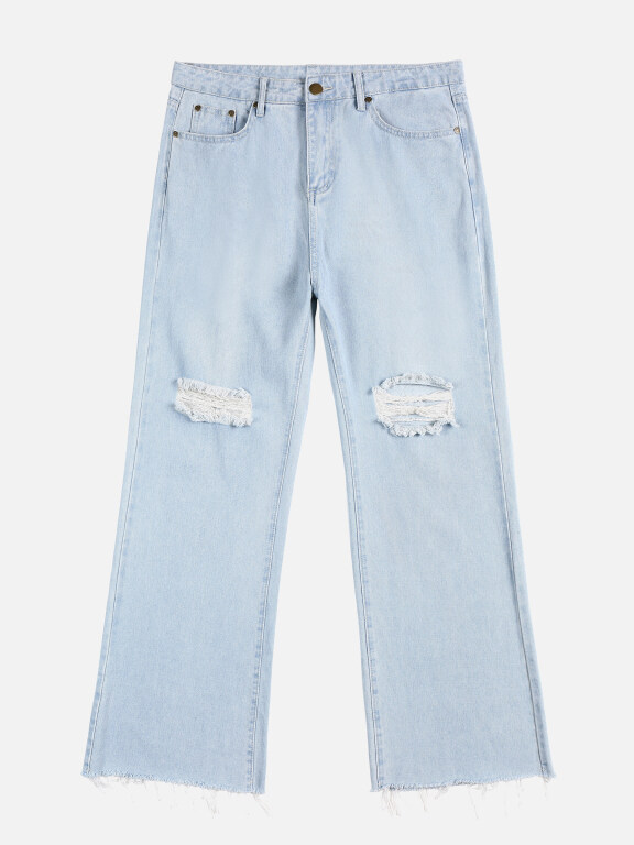 Women's Distressed Ripped Denim Button up Wide Leg Duel Pocket Denim Jeans, Clothing Wholesale Market -LIUHUA, Jeans%20%26%20Denim